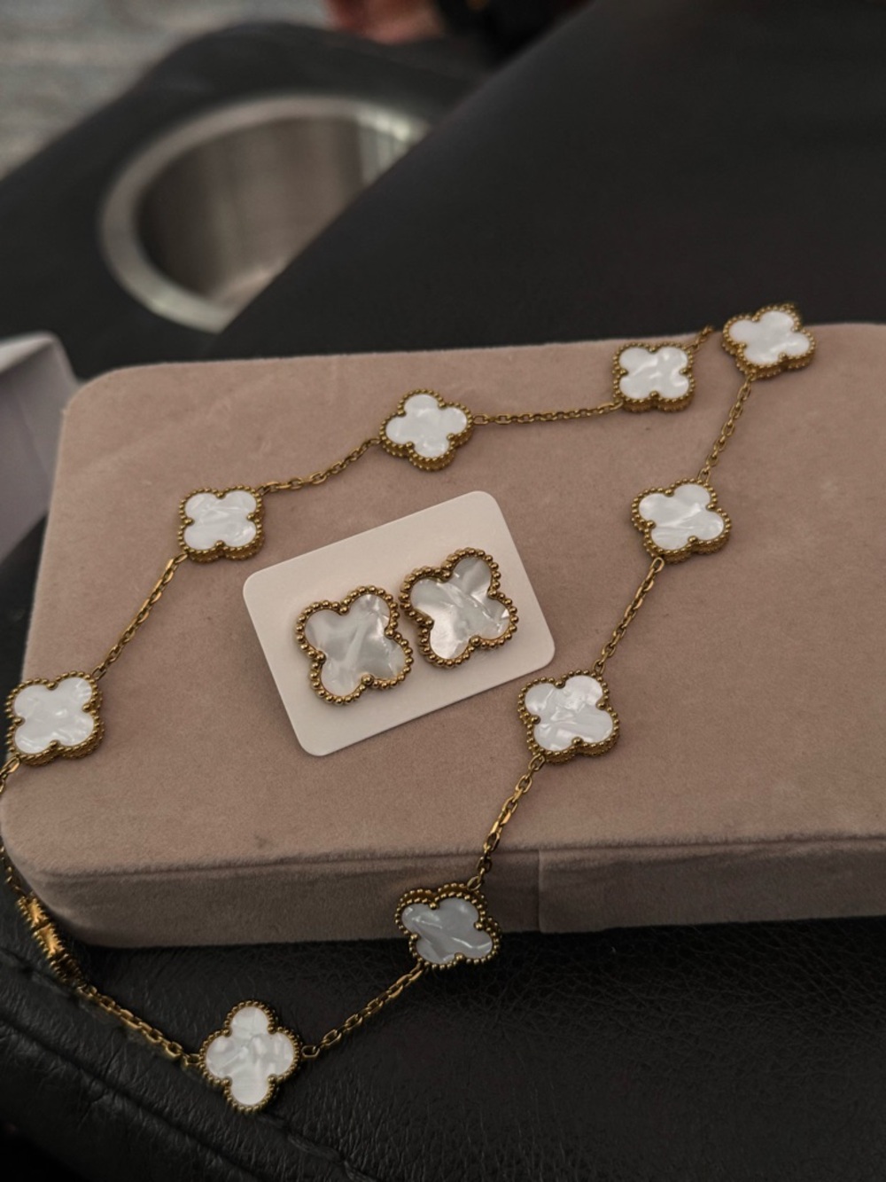 Gold and White Clover Necklace and Stud Earrings Set